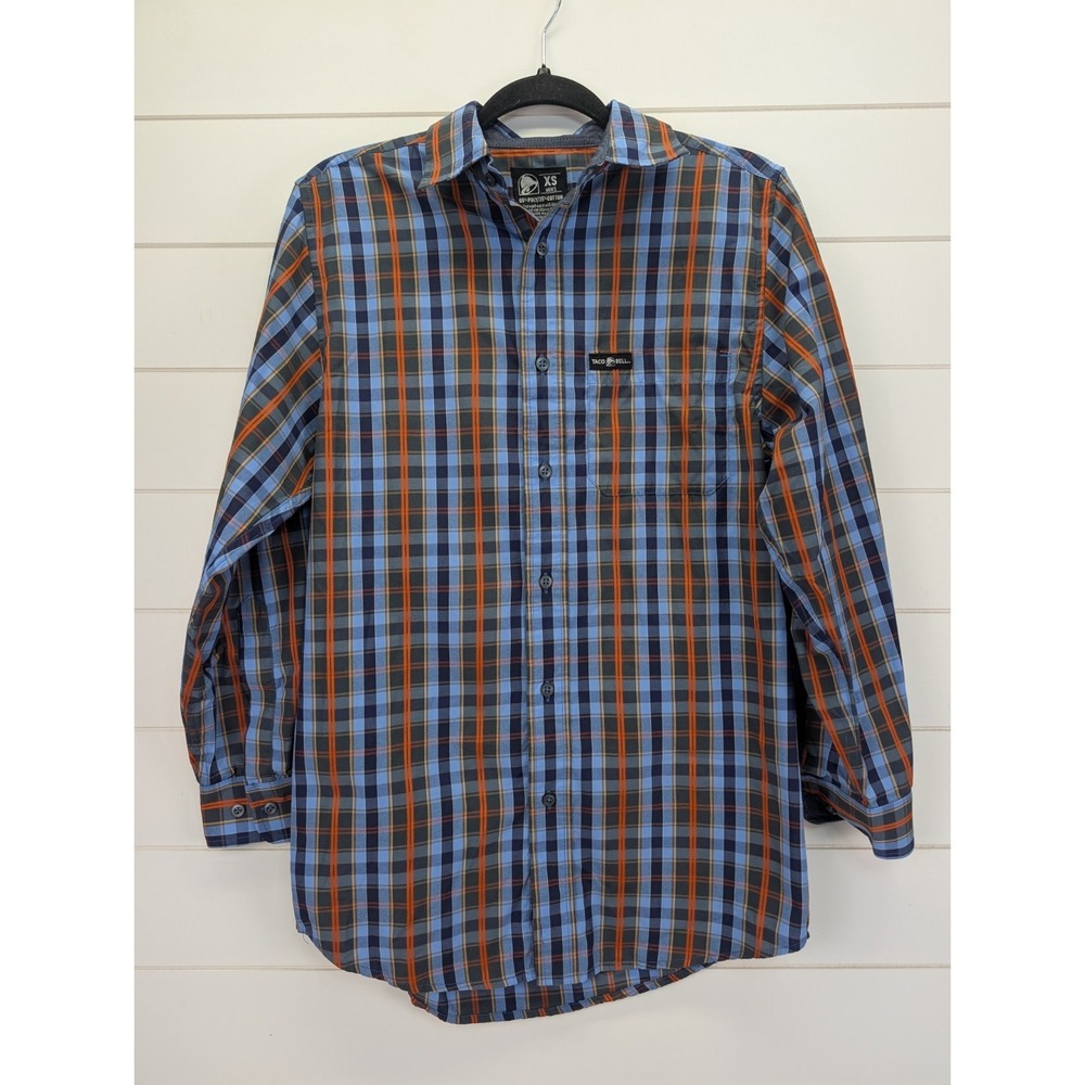 Taco Bell Shirt Adult‎ XS Blue Plaid Employee Work Uniform Button Up Long Sleeve